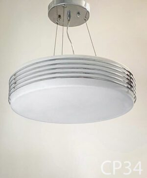 CP34-Qty-6. Chrome base with white glass and chrome rings, and cord. Cables adjust height up to 6'. 16 1/2" D x 5"H