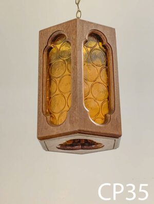 CP35-Qty-2. Brown wood vintage pendant with amber glass, brass chain and cord. 14"H x 9"W