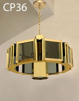 CP36-Qty-1. Brass and smoked glass pendant with 8 candelabra sockets, and 1 medium base socket in centre facing down. 23"W x 16"H