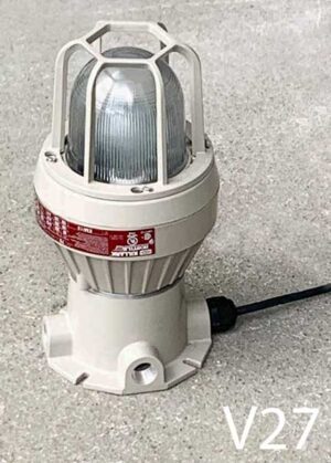V27-Qty-1. Beige explosion proof light with glass, cage and cord. 14" H x 7" W.
