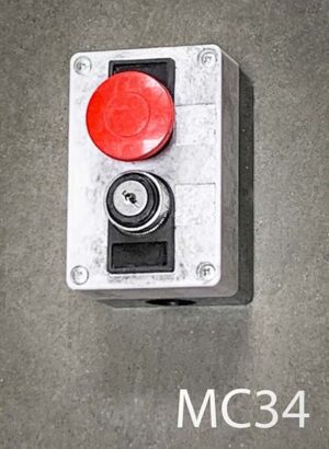 MC34-Qty-1. Grey and black box with key switch and red push button. 4.25" x 2.75"