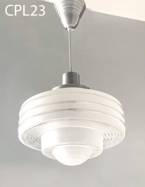 CPL23-Qty-8.  14"D Art Deco frosted and clear glass globe with  CPL50-Qty-11. Aluminum base and canopy with white 8' cord. 16"D. Height is adjustable up to 9'. Base can be used with all other CPL globes