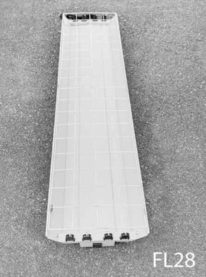 FL28-Qty-9. Grey 4' -4 lamp T8 fluorescent c/w cage and cord. Led package available.