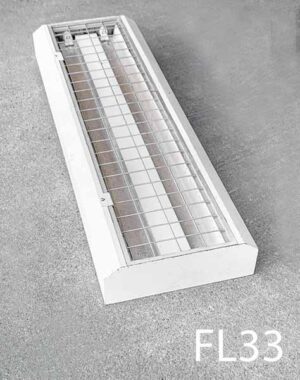 FL33-Qty-21.  4′ beige T12 double fluorescent c/w cage front and cord. Led package available. 48″ x 15 1/2″ x 5 1/2 “