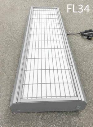 FL34-Qty-13.  4′ grey 4 lamp T8 c/w cord, lens, and cage. Led package available.