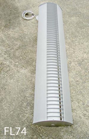 FL74 Qty-27. silver-grey 4ft 2 lamp T8 fluoro with curved perforated sides and baffle centre c/w cord. Led package available.