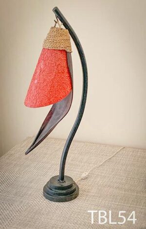 TBL54-Qty-2. Black base vintage tiki type with brown leaf, fibreglass red shade,rope and cord with switch. Medium base socket. 27"H