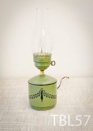 TBL57-Qty-1. Green converted vintage oil lamp with glass and switch. 16"H