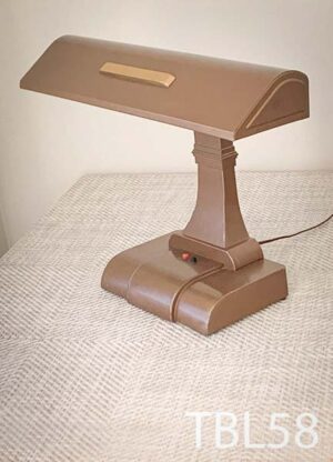 TBL58-Qty-1. Brown vintage desk lamp with brass plate, switches, 24 volt tungsten Leds and cord. 18"W x 14"H