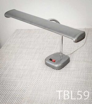TBL59-Qty-1. Grey vintage gooseneck desk lamp with switches, 24 volt tungsten Leds and cord. 19"W x 14"H
