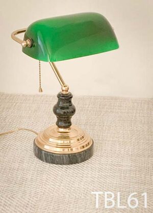TBL61-Qty-1. Green glass on marble and brass base with pull chain and cord.