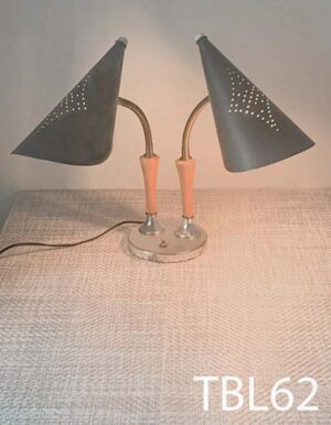 TBL62-Qty-1. Vintage table lamp with chrome base, with wood stand, brass goose neck, and two grey perforated shades. 16"H and medium base bulbs.