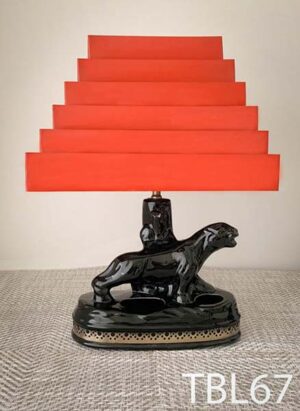 TBL67-Qty-1. Black panther vintage table lamp with red metal tiered shade. 18"H x 14"W