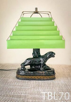 TBL70-Qty-1. Black panther lamp with red metal shade and bronze trim c/w cord and switched socket. 18"H x 14"W