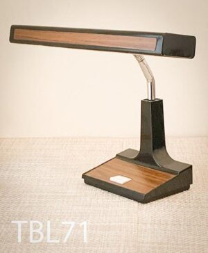 TBL71-Qty-1. Black and woodgrain vintage desk lamp with adjustable chrome gooseneck, white switches, tungsten Leds, and cord. 18"W x 16"H