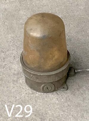 V29-Qty-1. Metal industrial base with aged lens, 24 volt Leds in red, green, blue, orange, and white, and cord.