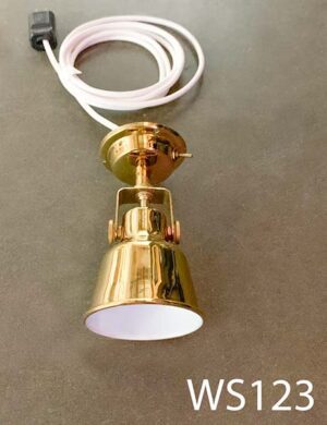 WS123-Qty-6. Brass with adjustable head for wall or ceiling mount c/w cord and uses candelabra base bulb. 6" H