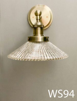 WS94-Qty-4. Aged brass base with crackled grooved glass.