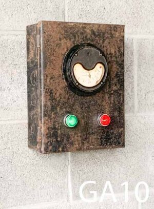 GA10-Qty-1. Black aged metal hinged box with lit gauge, red light, green light. 8" x 12" - 24 volt