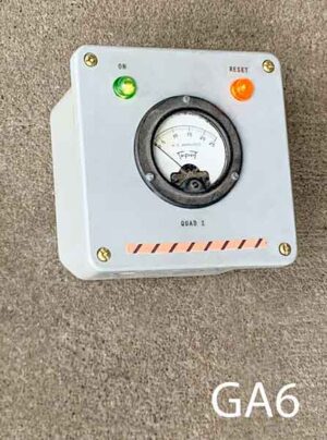 GA6-Qty-3. Grey plastic box with gauge, green, and amber light. 12 volt 6 3/4" x 6 3/4"