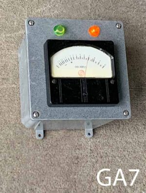 GA7-Qty-1. Grey plastic box with gauge, green, and amber light. 6 1/4" x 6 1/4" 12 volt.