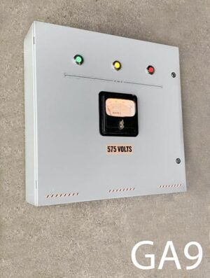 GA9-Qty-2. Grey metal hinged box with lit gauge, green, amber, and red led, each individually controlled. 24" x 24" 24 volt