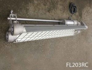 FL203RC - Qty-18. Grey industrial explosion proof vintage double 4' T12 fluorescent with reflector, cage and cord. Led package available.