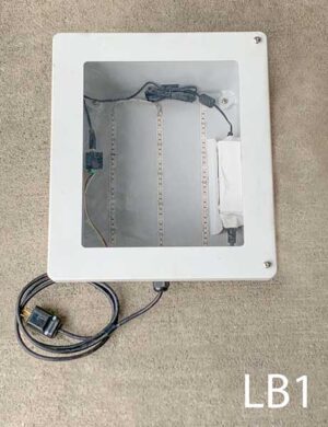 LB1-Qty-5. White hinged plastic light box with clear plexiglass for back-lit graphics. 12"W x 14"H with 24 volt leds.