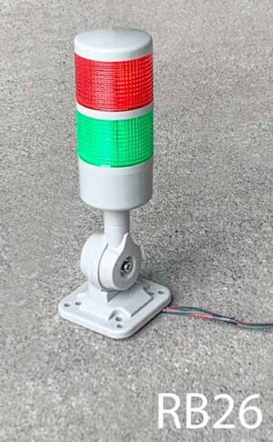 RB26-Qty-5. Grey adjustable base for wall or platform with green and red indicator light and cord. 12 or 24 volt 9"High.