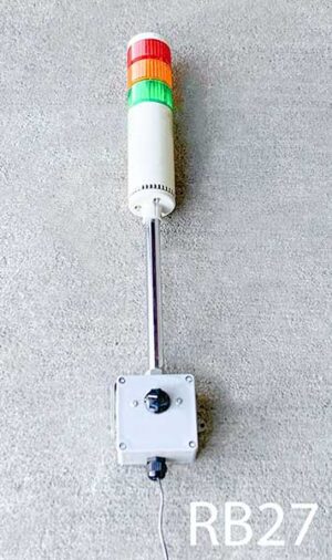 RB27-Qty-1. Beige base with green, amber and red indicator light on 4" grey box that switches choice. With 24 volt power supply. 27"H