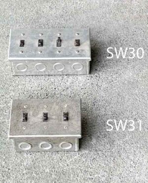 SW30-Qty-4. Metal box with cover and 4 brown switches. SW31-Qty-1. Metal box with cover and 3 brown switches.