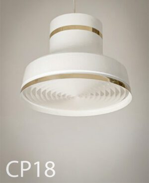 CP18-Qty-1. White pendant with brass trim, circle diffusion, cord, and canopy. 16"D