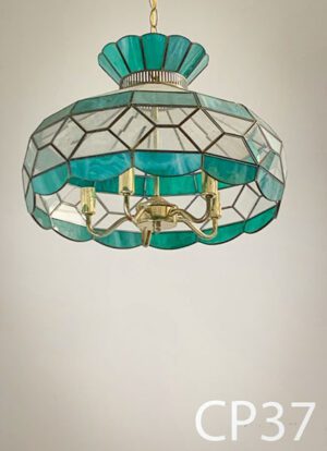 CP37-Qty-1. Green and clear glass pendant with gold chain and base with 5 candelabra sockets. 16"D