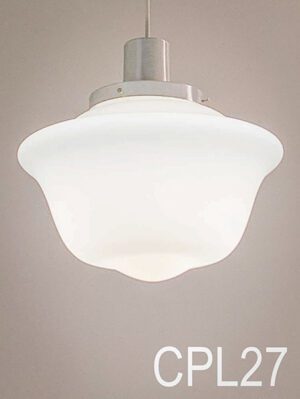 CPL27-Qty-18. White milk glass vintage schoolhouse globe 14"D with CPL50-Qty-9. Aluminum base and canopy with white 8' cord. Base can be used with all CPL globes