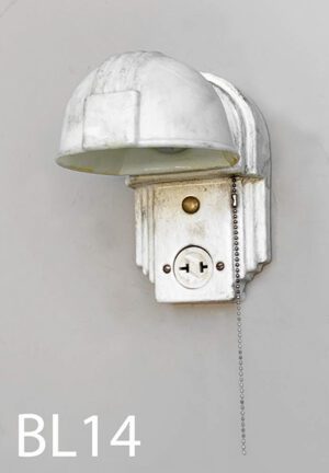 BL14-Qty-2. White aged ceramic vintage bathroom light with plug, pull chain and cord. 10"H