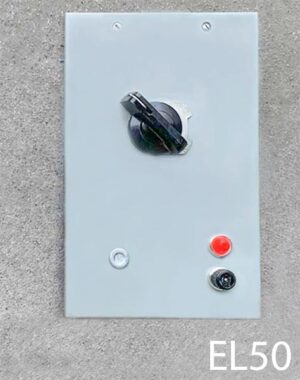 EL50-Qty-8. Grey metal door with on/off switch and red light. 19" x 12"
