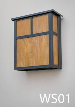 WS01-Qty-2. Dark brown sconce with amber glass and cord. Uses 2 medium base bulbs. 10"H x 9"W Matching ceiling light available.