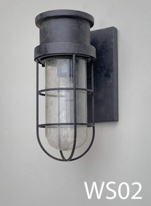WS02-Qty-2. Black metal sconce with cage, glass and cord. 23"H x 5 1/2" medium base socket