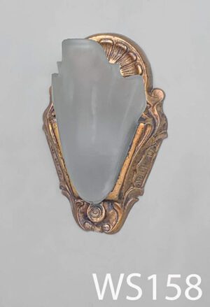 WS158-Qty-8. Brass art deco aged with white glass and cord. Used medium base bulb. 9"H