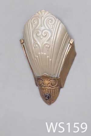WS159-Qty-11. Brass vintage wall sconce with art deco base with beige designer glass, switch and cord. 11"H