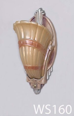 WS160-Qty-5. Beige and grey art deco base with amber glass, switch and cord. 11"H