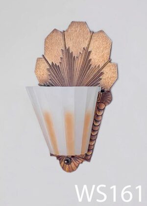 WS161-Qty-6. Brass art deco base with white and amber glass, and cord. 12"H