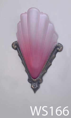 WS166-Qty-1. Brass art deco aged base with pink glass and switch. 15"H x 9.5"W