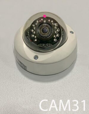 CAM31- Qty-3. Beige security camera with red flashing LED. 6"D uses one 9 volt battery