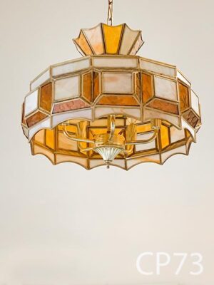 CP73-Qty-3. Stained glass with 5 lamp candelabra brass base, antique brass chain with cord and cord end. 18"D