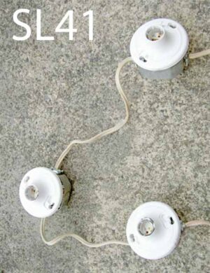 SL41-Qty-2. White medium base keyless lamp sockets on boxes wired together with cord on first box. Up to 12 joined together.