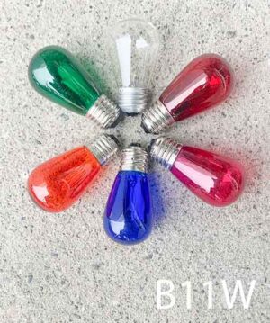 B11W-11 watt medium base bulbs for string lights. Qty-Clear-101. Red-49. Pink-48. Blue-49. Amber-48. Green-48.