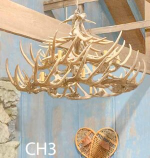 CH3-Qty-1. Antler chandelier with 15 candelabra sockets, chain and cord. Matches WS92 wall sconce with antlers. 42"W x 24"H