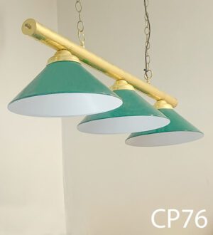 CP76-Qty-1. Brass pool table light with 3 green shades, chain and cord. Medium base bulbs.