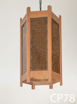 CP78-Qty-1. Wood and amber pebbled glass swag lamp with long cord and chain. 21"H x 12"W Medium base bulb